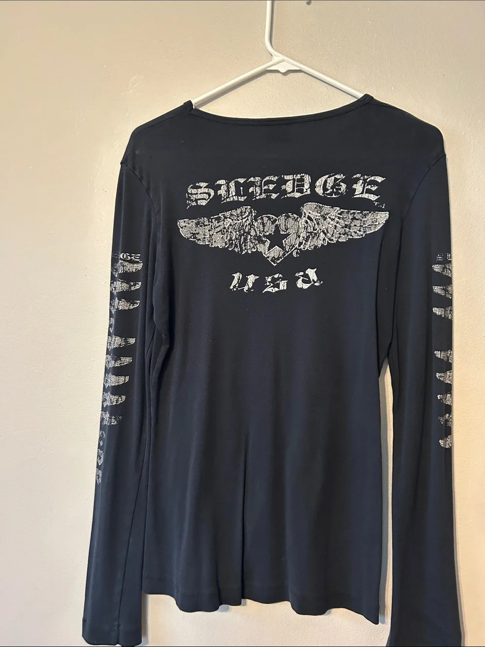 Affliction Black Long-Sleeve Tee with Distressed Winged Heart Graphic